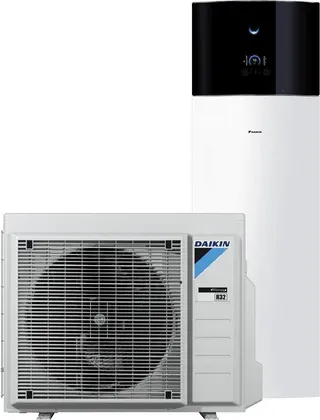 Õhk-vesi soojuspump Daikin Altherma 3 — integreeritud soojaveeboileriga põrandamudel ja välisosa